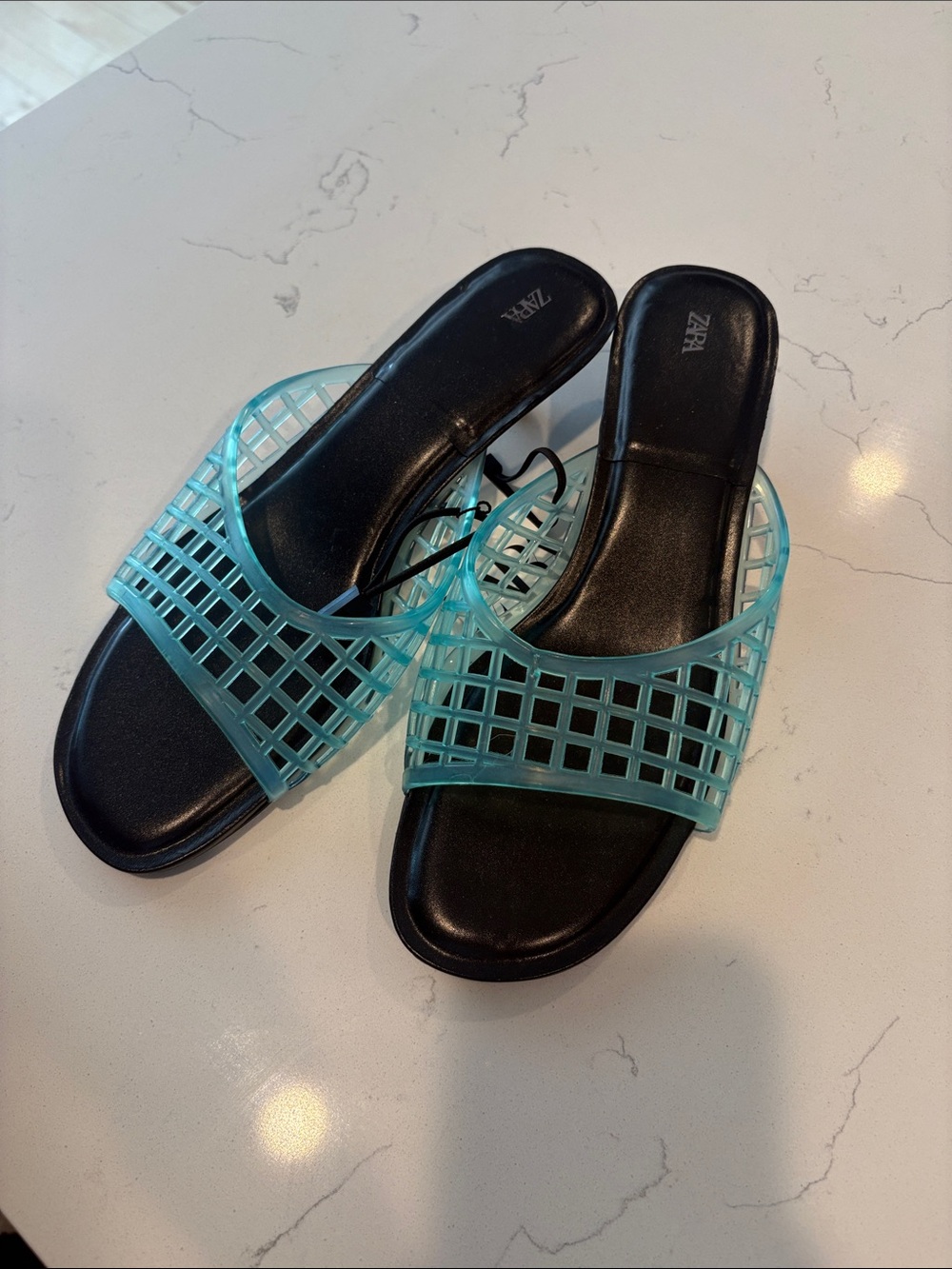 Zara Aqua Grid jelly Slide Mules with Black Footbed never worn size 8 NWT